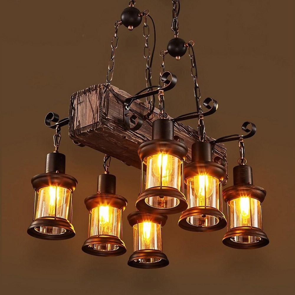22'' LED 6-Light Single Design Chandelier Vintage Country Wood Bamboo Glass Metal Industrial Metal Vintage Style Pendant Lights