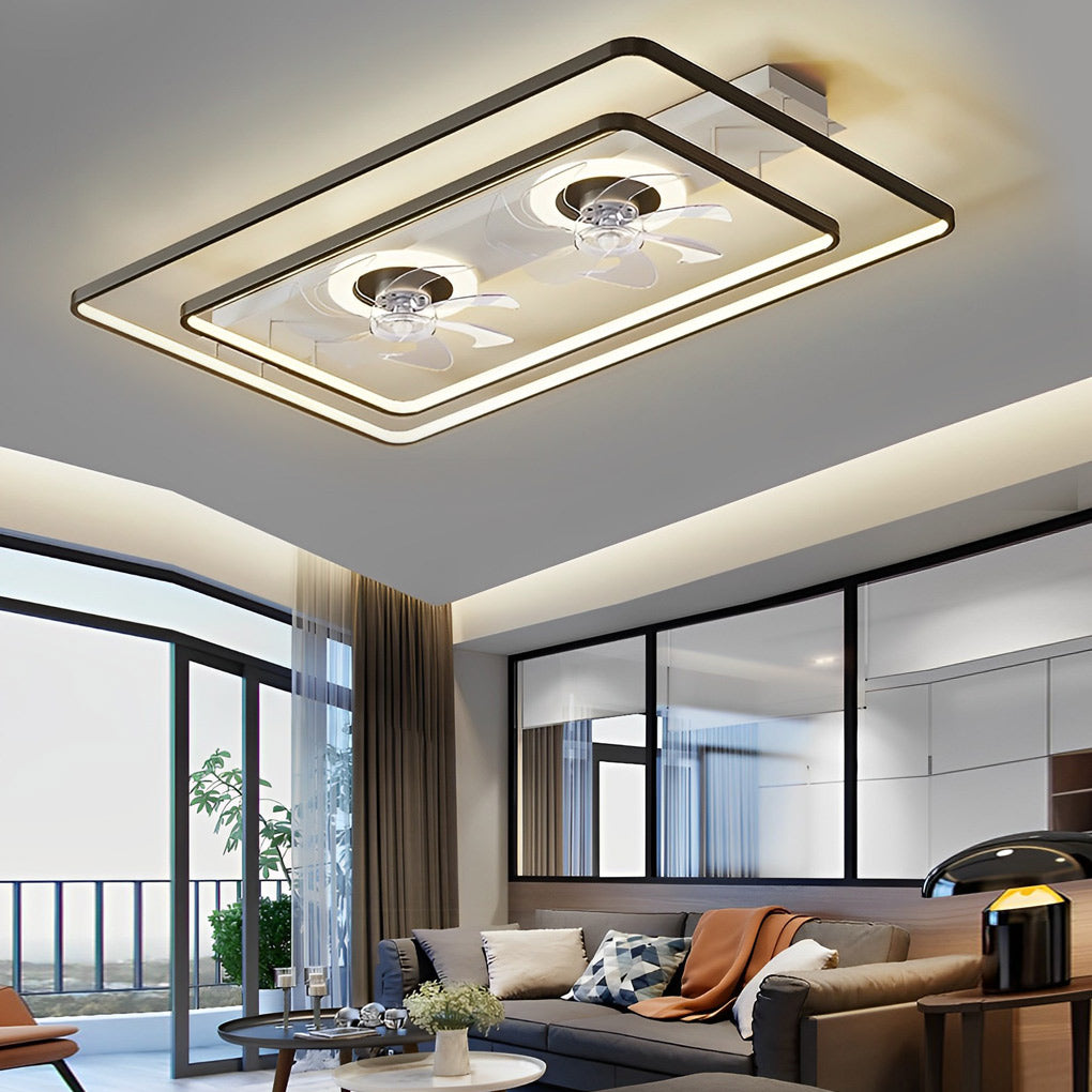 Luxury dual head ceiling fan with gold finish and built-in LED light for modern home design.