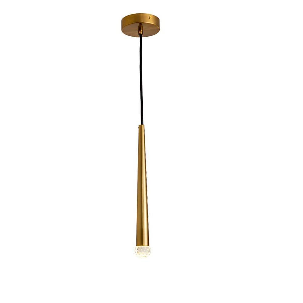 Luxury gold cone pendant light with a bubble glass tip isolated on a pure white background.