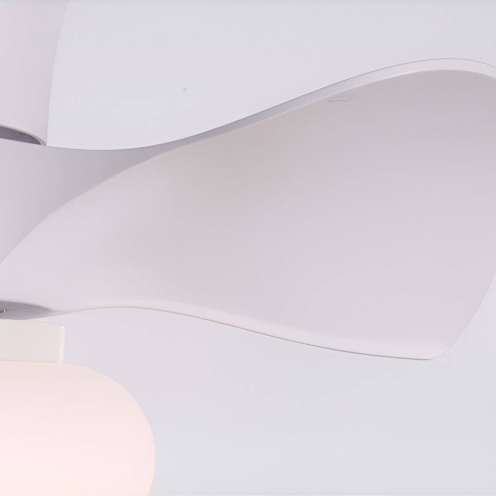 Detail view of macaron ceiling fan with light curved fan blades.