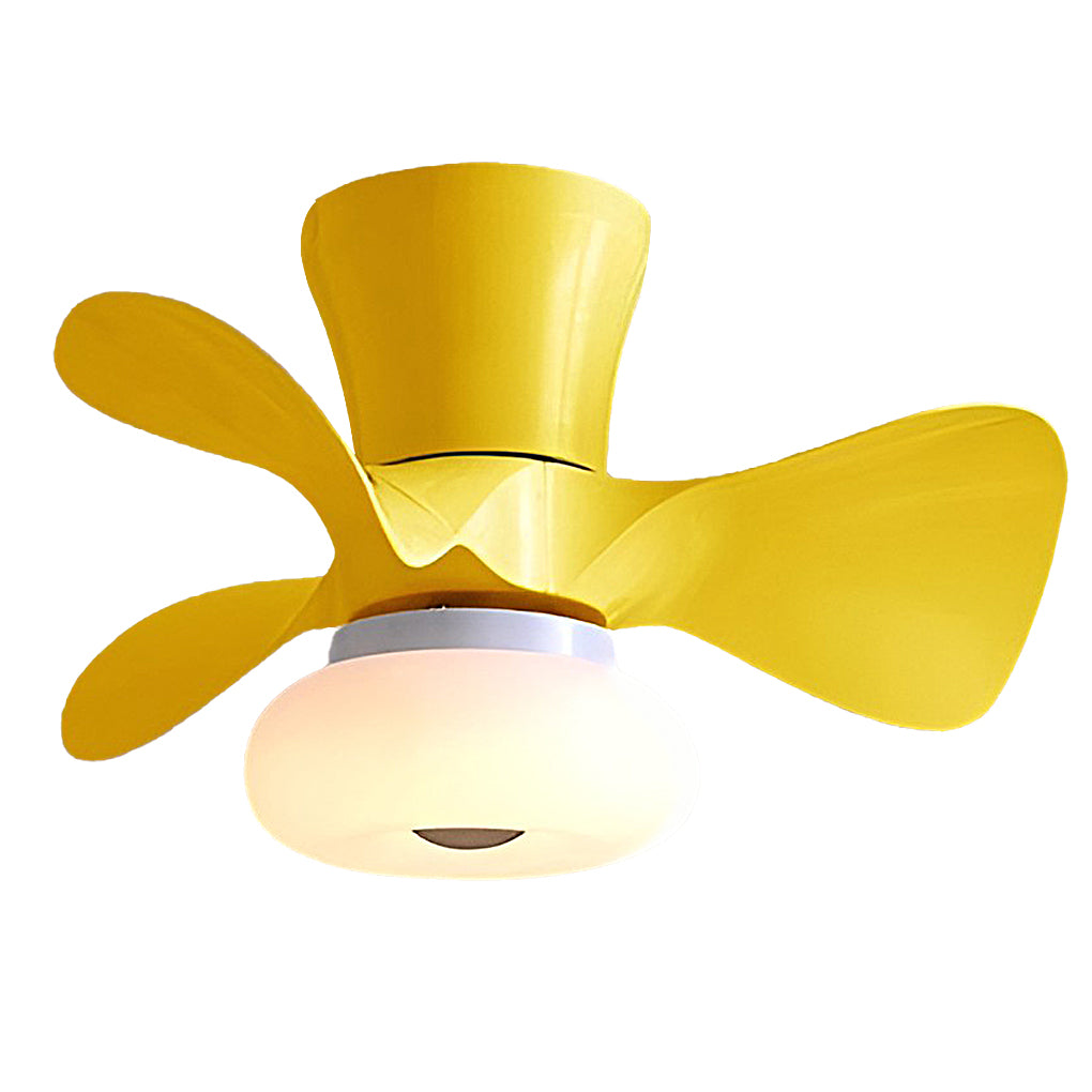 Macaron ceiling fan with light suspended on curved downrod.