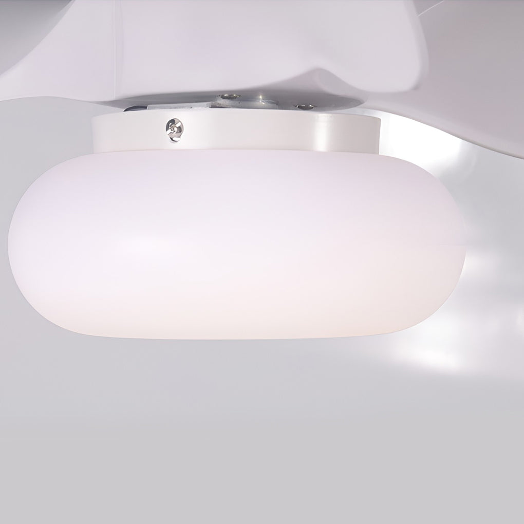 Close-up of macaron ceiling fan with light frosted glass shade.