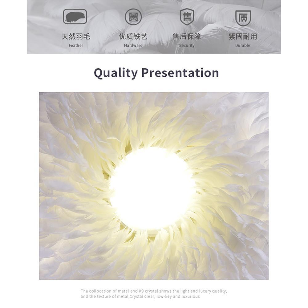 Macro view of layered feathers forming the outer surface of a fluffy hanging light.