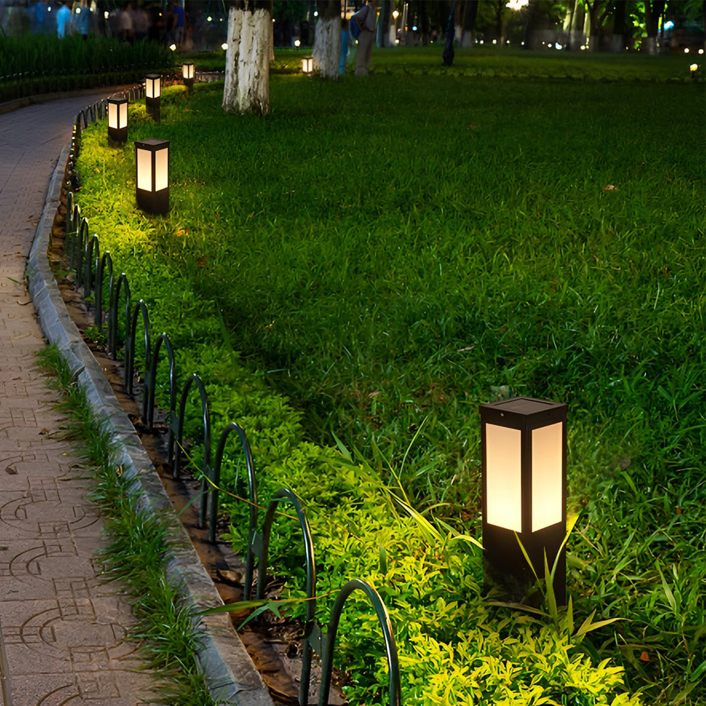 Mainstays bollard pathway light enhancing a modern outdoor staircase with warm light.