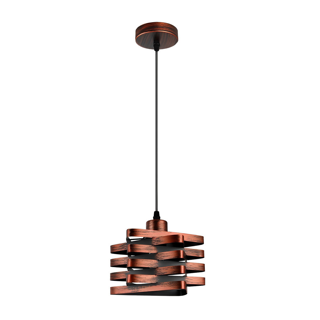 Metal ribbon pendant light isolated product view with copper finish.