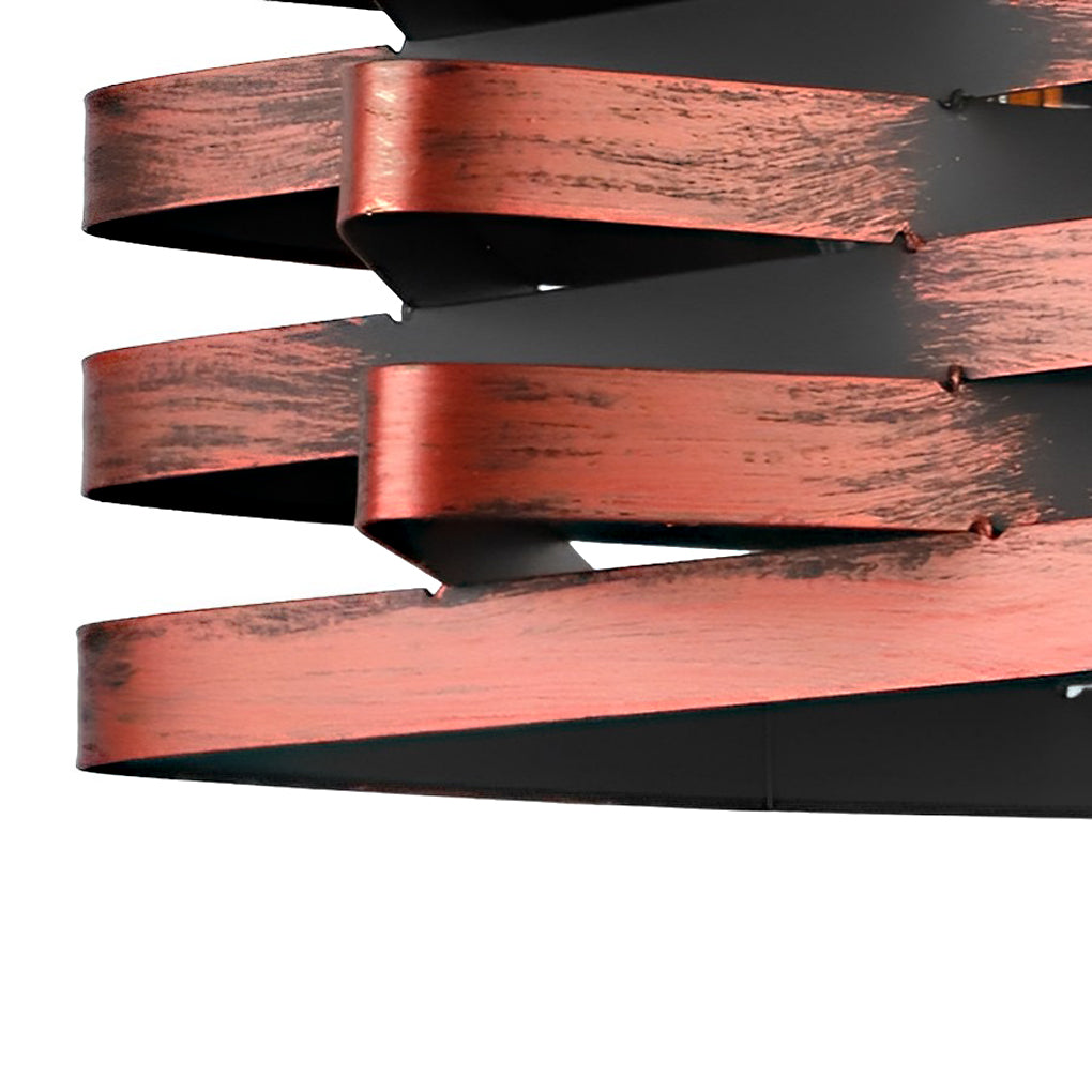 Metal ribbon pendant light layered metal strip texture close-up.