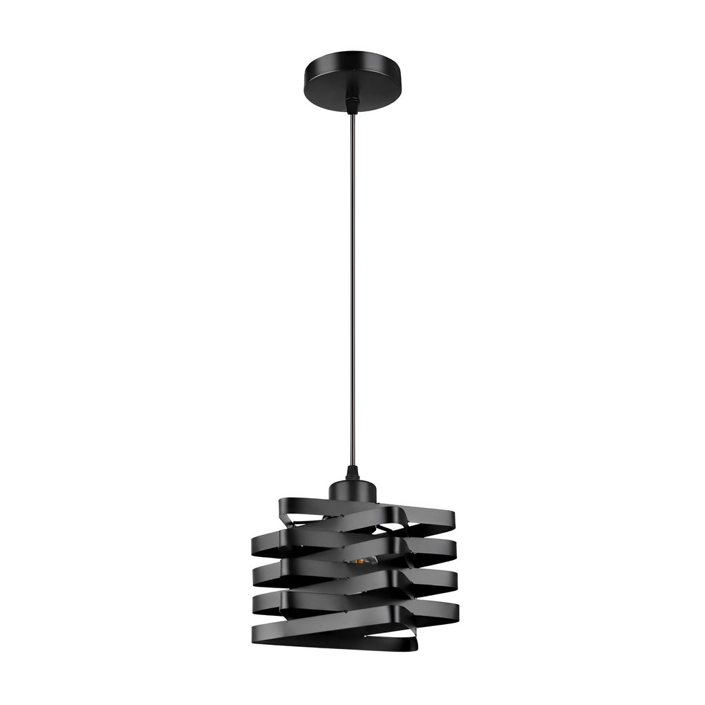 Metal ribbon pendant light full hanging view on white background.