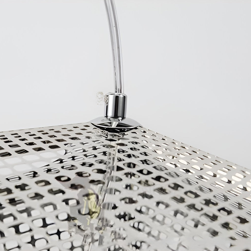 Close-up detail of a metal shade pendant light ceiling mount and cable connection in a modern lighting fixture.