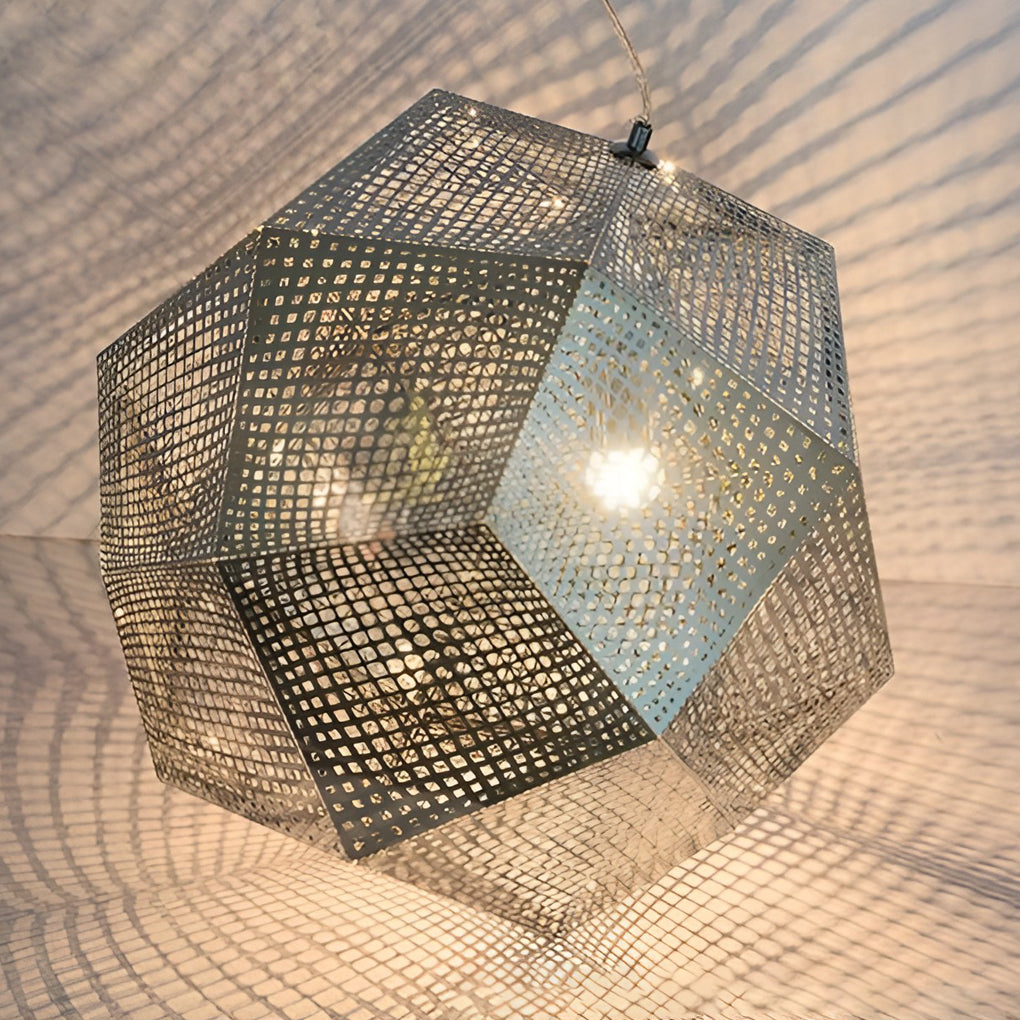 Single metal shade pendant light with faceted geometric shape shown in close-up against a neutral background.