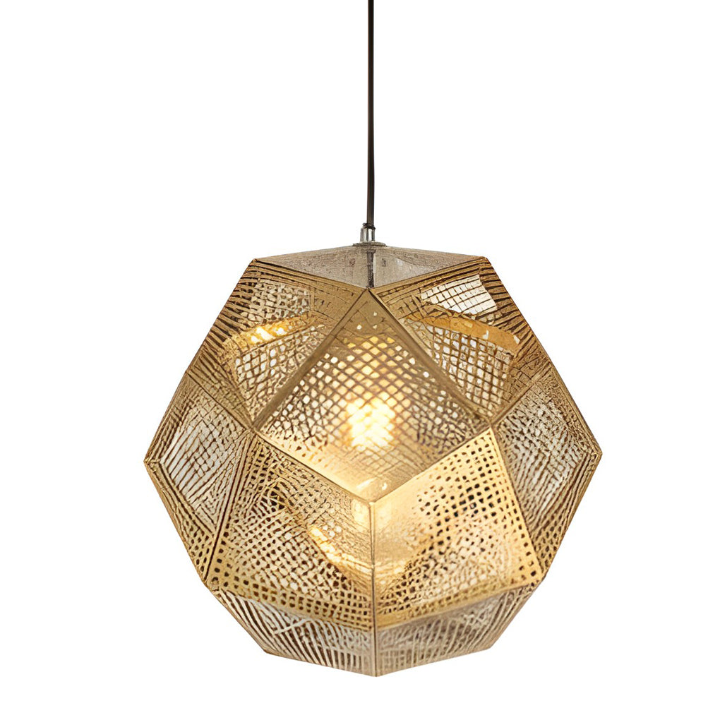 Single metal shade pendant light with geometric form hanging freely, emitting warm ambient light.