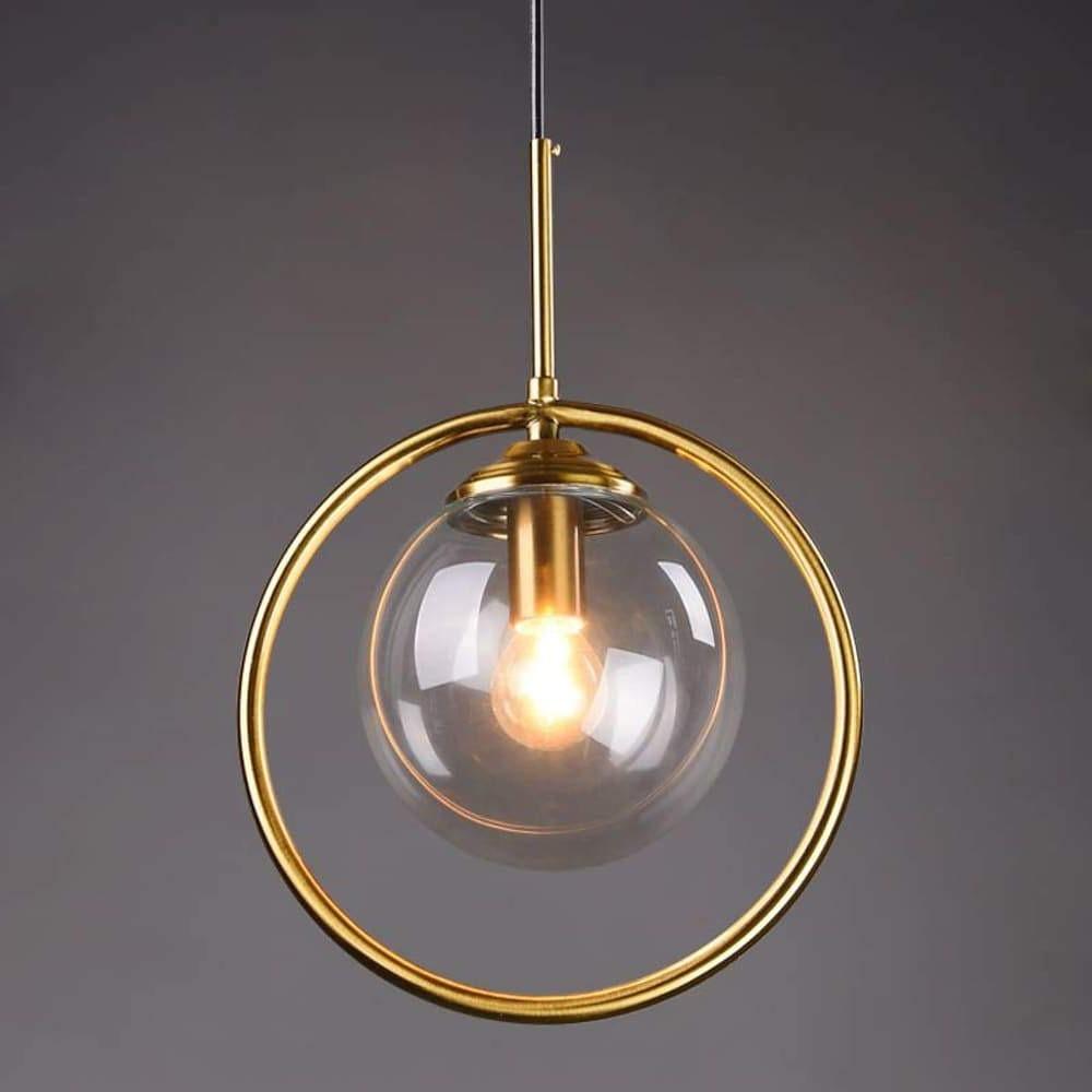 Mini gold pendant light with a close-up of the glass shade and gold frame.