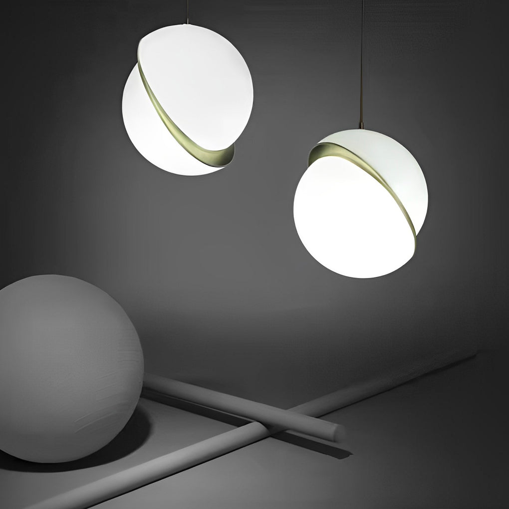 Two White Spherical Pendant Light fixtures hanging in a minimalist grey abstract interior.