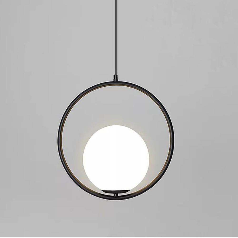 Minimalist black circular pendant light featuring a white glass ball and a slim round frame.