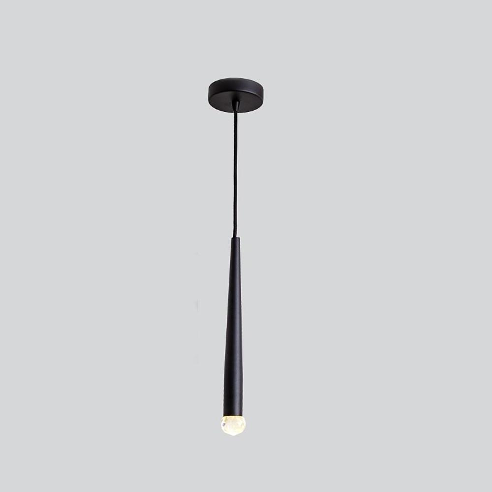 Minimalist black cone pendant light with a small textured crystal sphere on light grey backdrop.