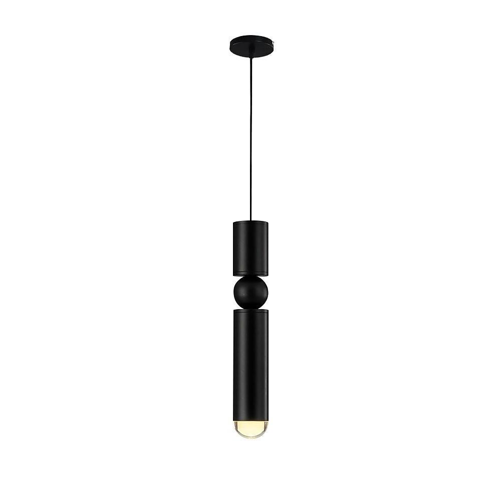 Minimalist black cylinder pendant light with sphere detail isolated on a white background image.