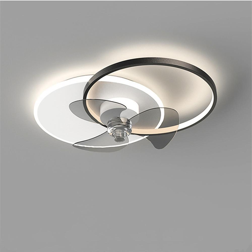 Minimalist black and white ceiling fan light product view on gray background.