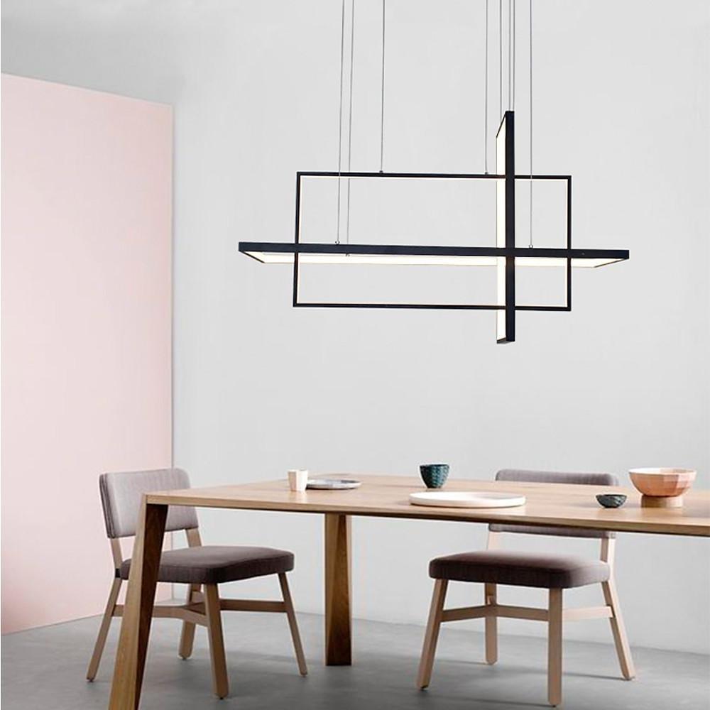 Minimalist dining room chandelier with black horizontal LED bar and vertical frame design.