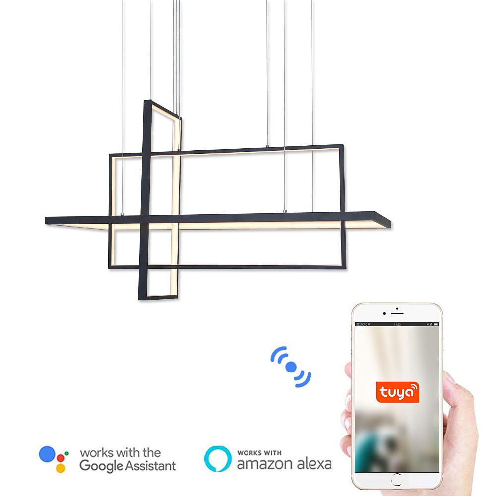 Minimalist dining room chandelier with intersecting black LED rectangles and suspended cables.