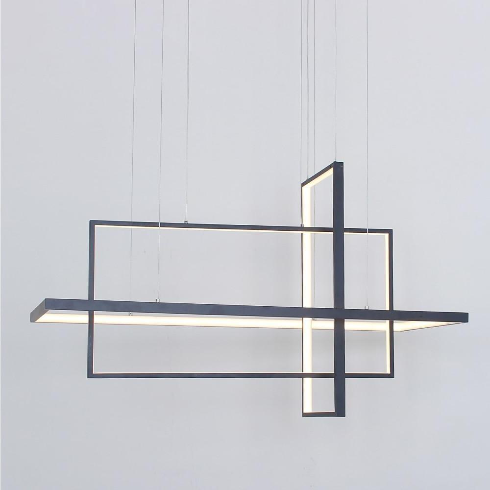 Minimalist dining room chandelier in black finish with layered rectangular silhouette.