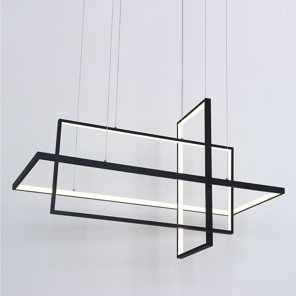 Minimalist dining room chandelier with black linear LED design photographed from angled view.