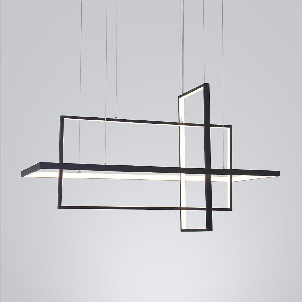 Minimalist dining room chandelier with black metal frame and slim LED light strip.