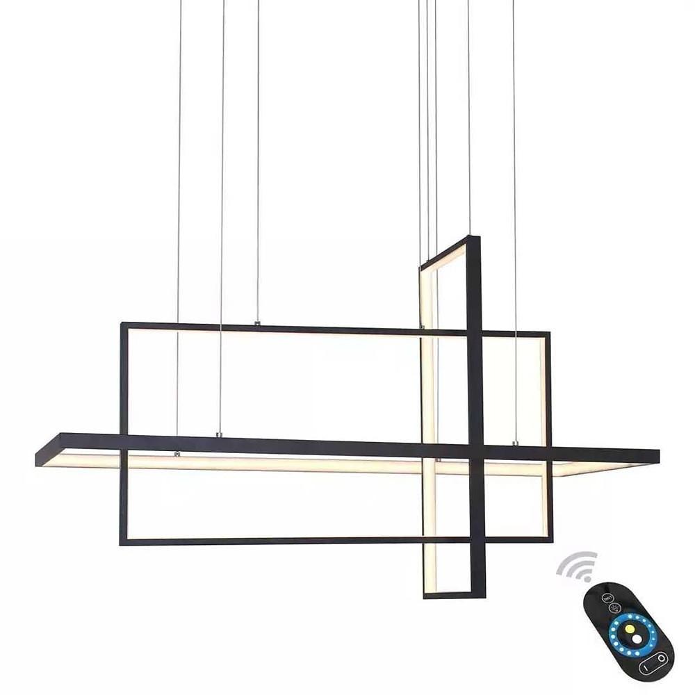 Minimalist dining room chandelier with slim black rectangular frame and remote control lighting.