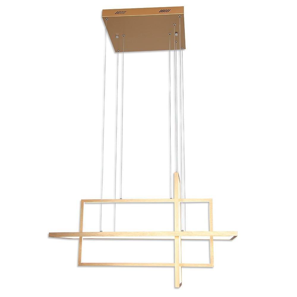 Minimalist dining room chandelier in gold finish with clean rectangular LED structure.