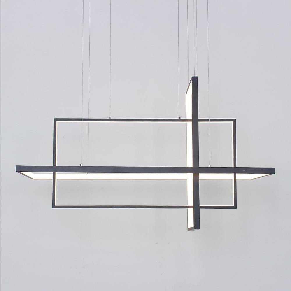 Minimalist dining room chandelier featuring long horizontal LED bar with vertical accent frame.