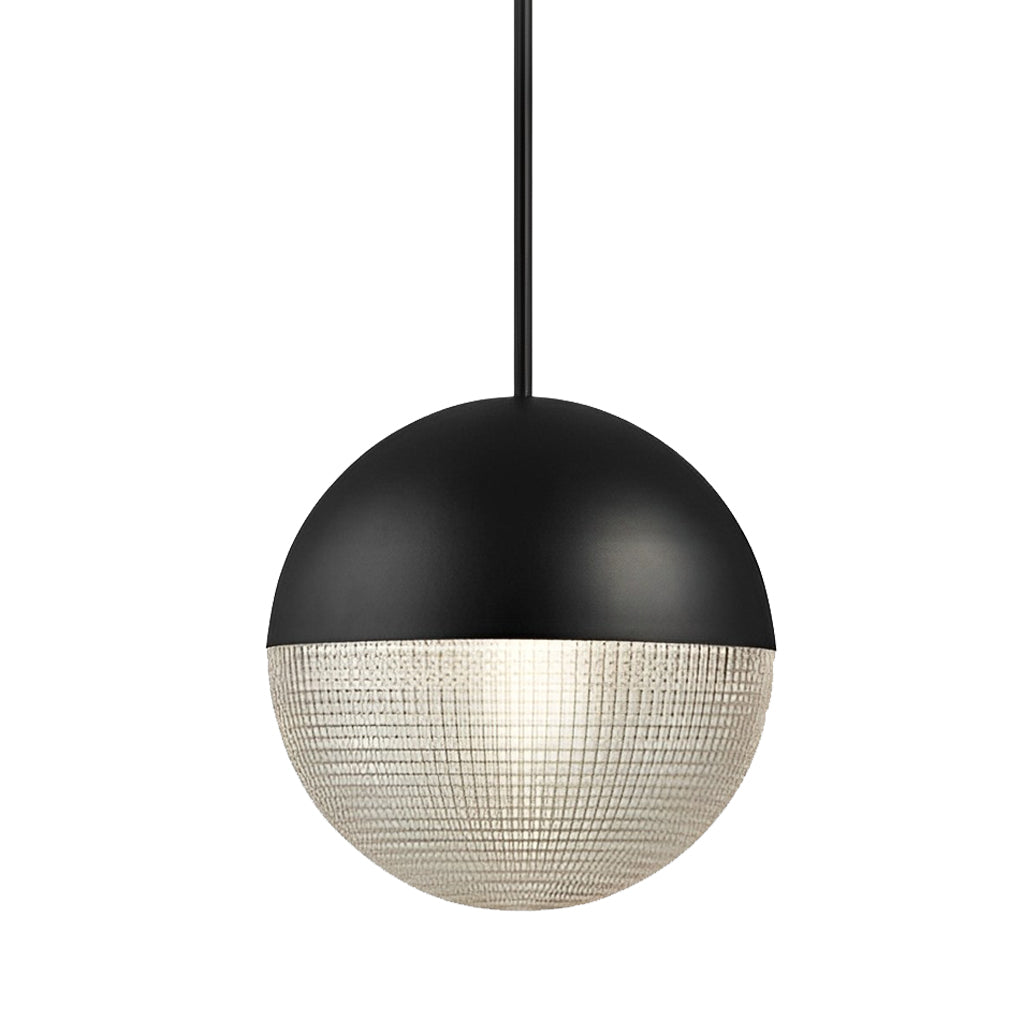 Modern black globe pendant light with a metal dome and textured glass bottom on white background.