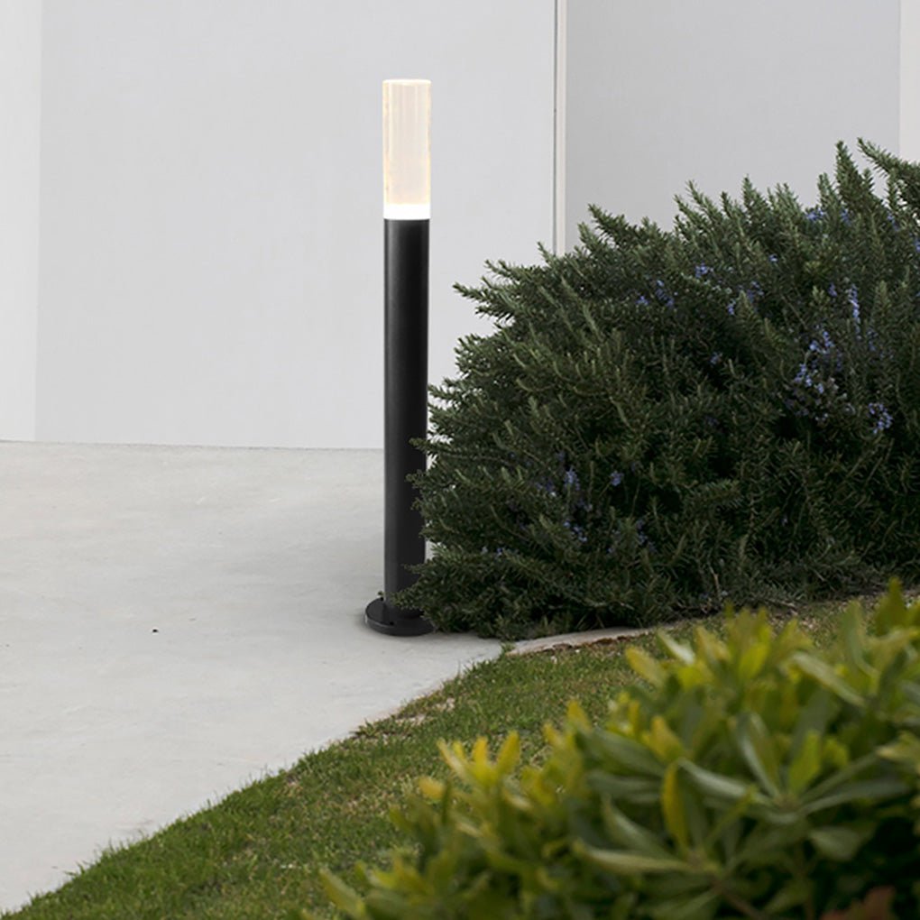 Modern bollard lighting with a close-up of the cylindrical light fixture.