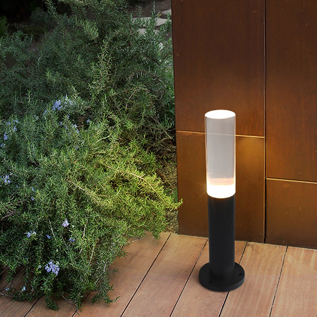 Modern bollard lighting providing subtle light on a modern outdoor staircase.