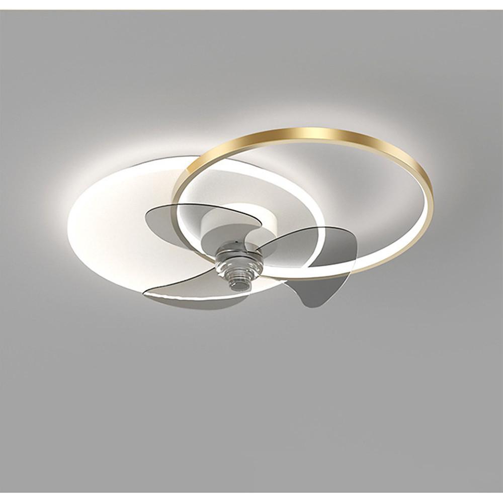 Modern ceiling fan with LED light featuring black and gold ring design.