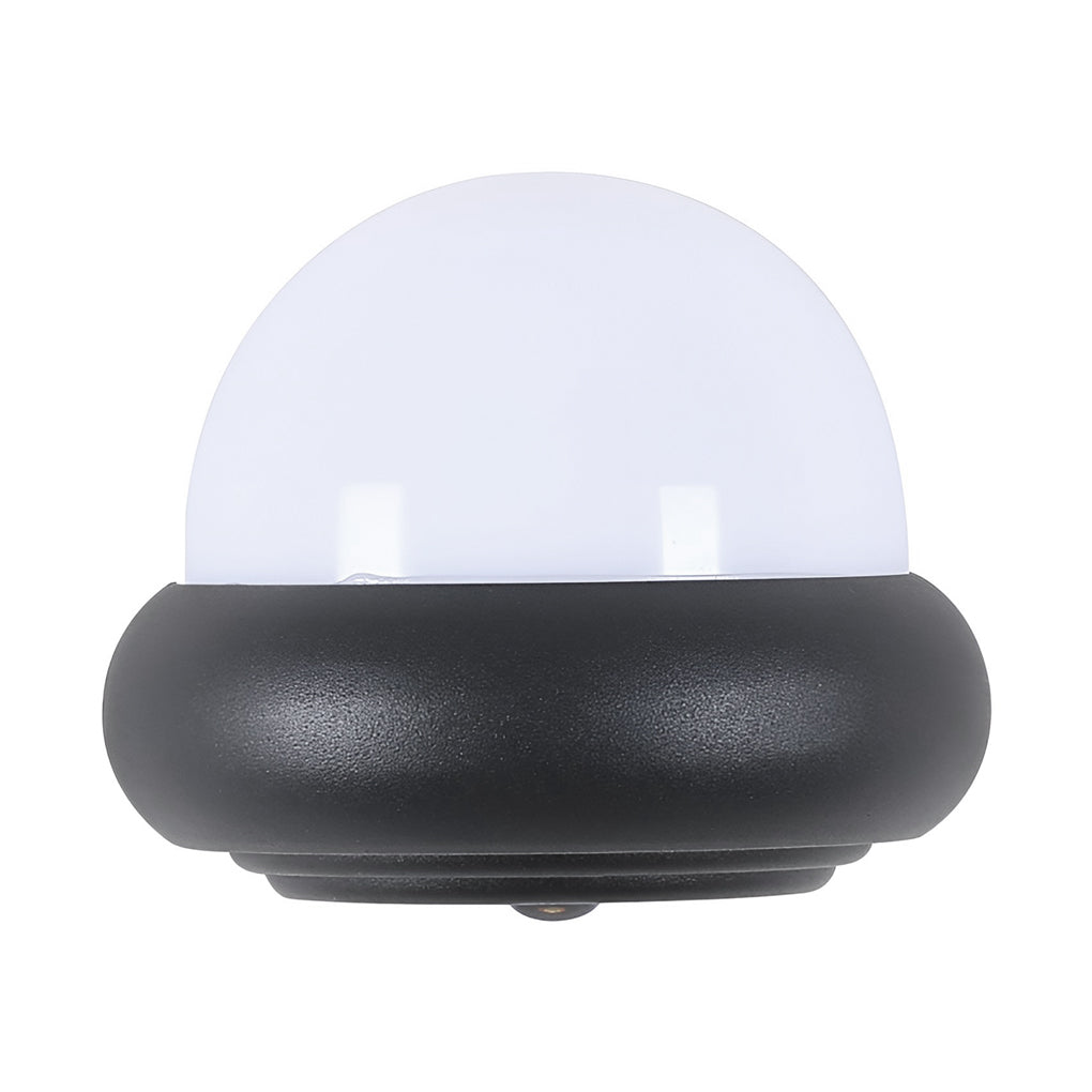 Modern globe wall sconce with black frame, highlighting its LED light source for energy efficiency.