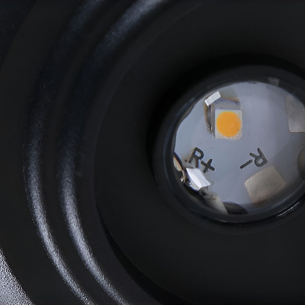 Modern globe wall sconce with black finish, providing ambient lighting near a garden pathway.