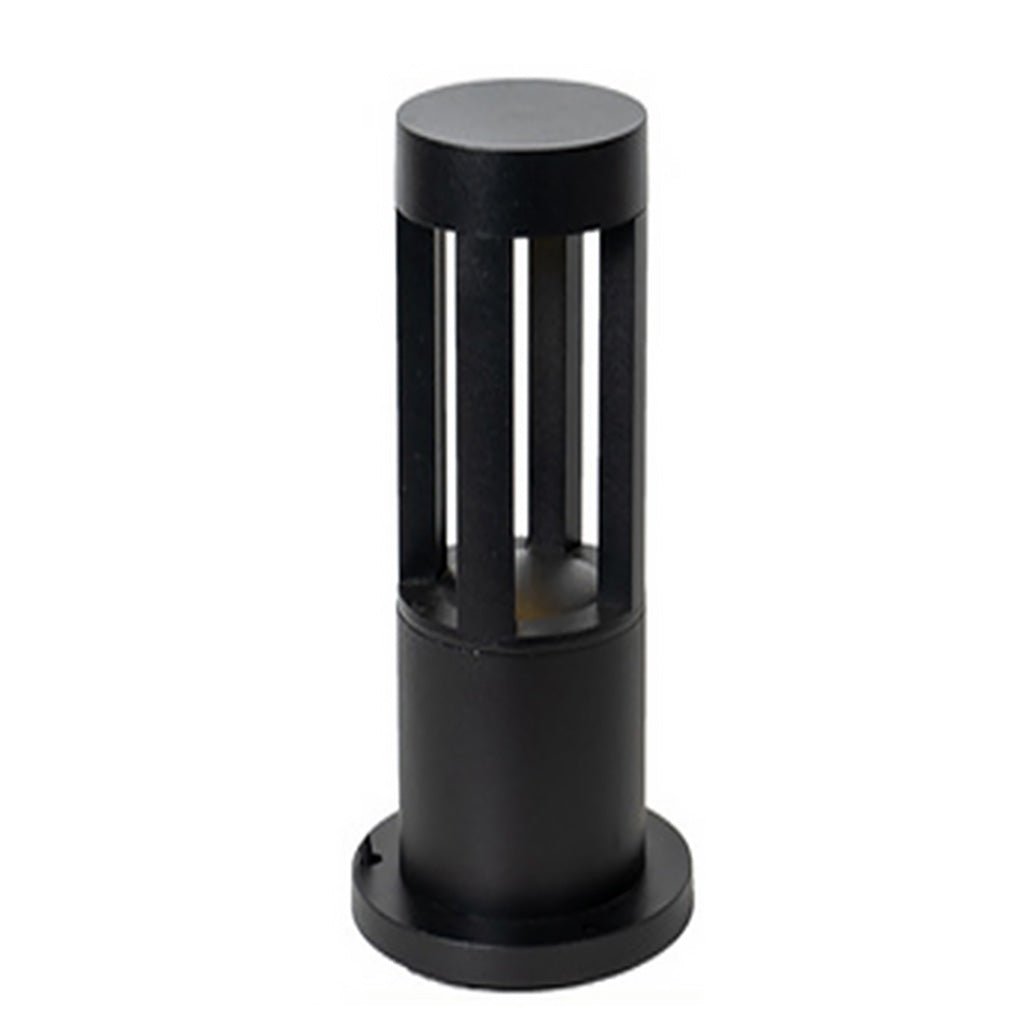 Modern outdoor bollard lights with a close-up of the base and light fixture.