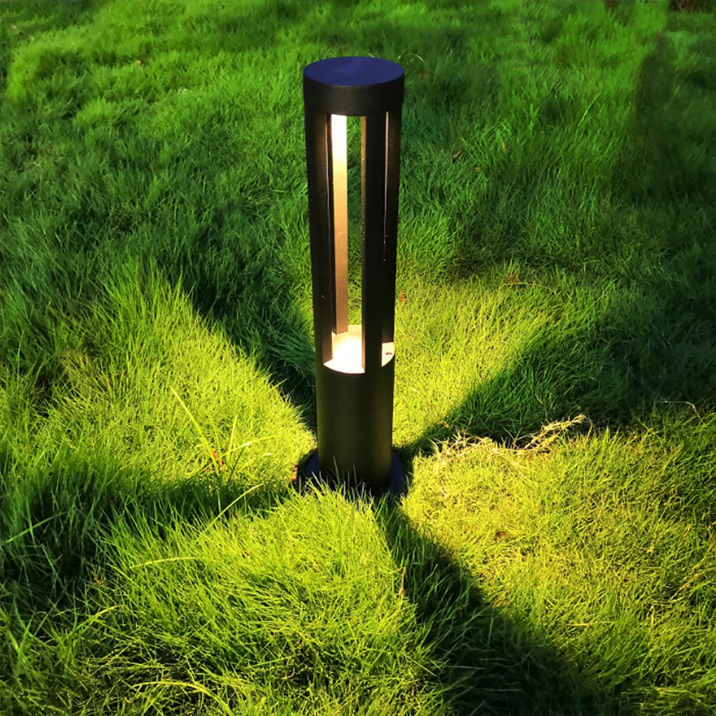 Modern outdoor bollard lights with a close-up of the light and sleek design.