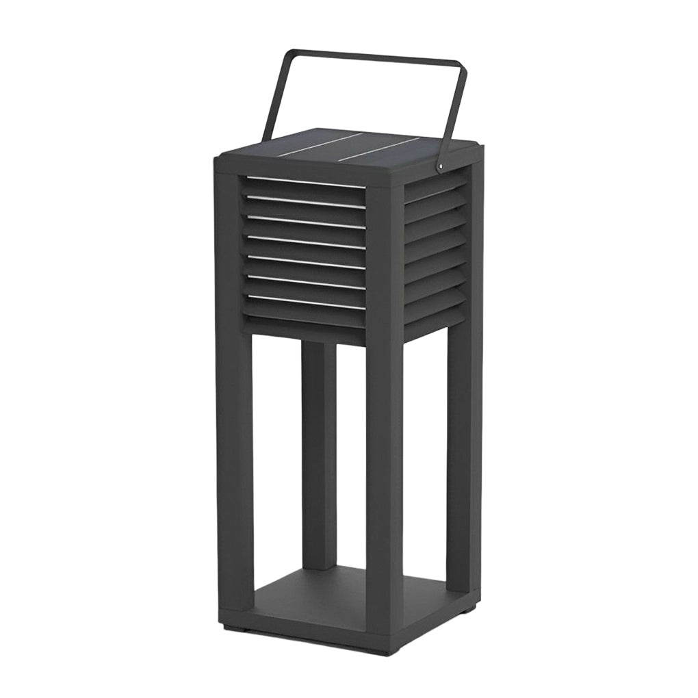 Modern outdoor floor lantern tall version product view on white background.