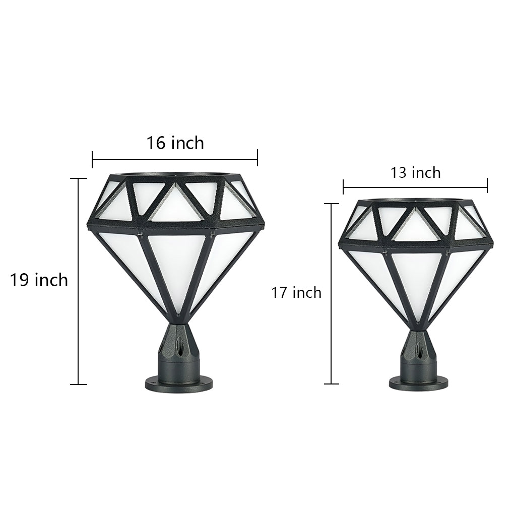 Modern outdoor pillar lights in diamond design with dimensions 19x16 inches and 13x11 inches, black finish.
