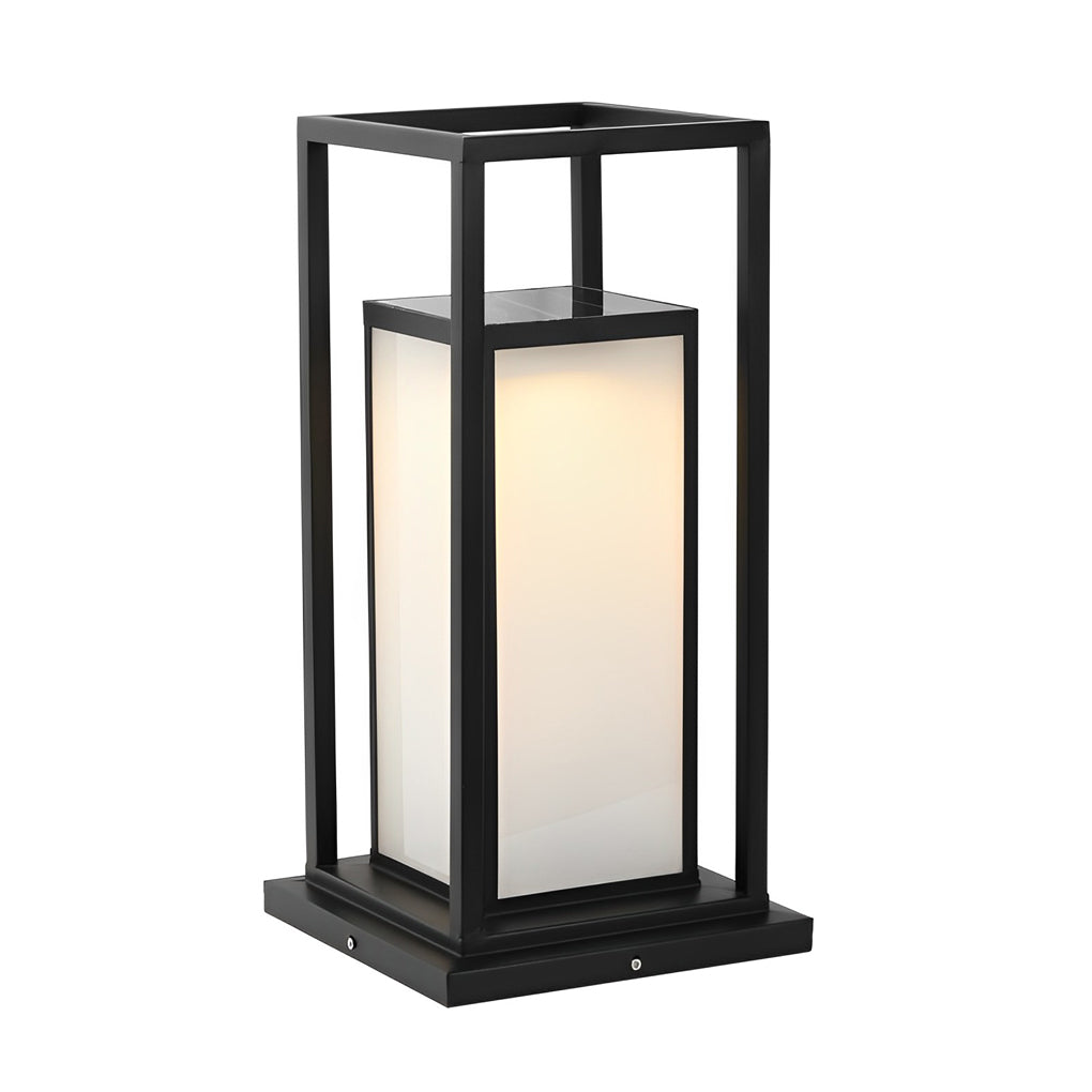 Modern outdoor wall pillar light short version featuring compact square lantern form.