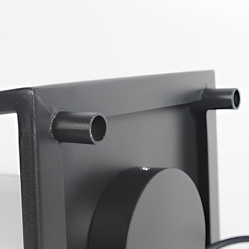 Modern portable outdoor lantern close-up showing side knob detail on matte black metal frame.