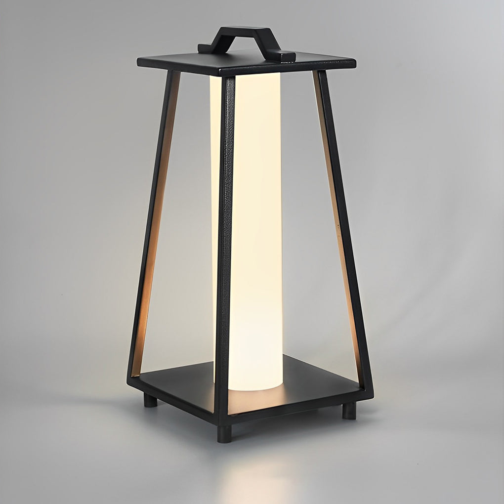 Modern portable outdoor lantern studio photo showing black metal frame and soft diffused light.
