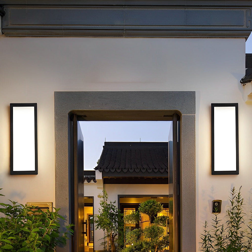 Rectangle outdoor wall lighting with modern design on white wall.