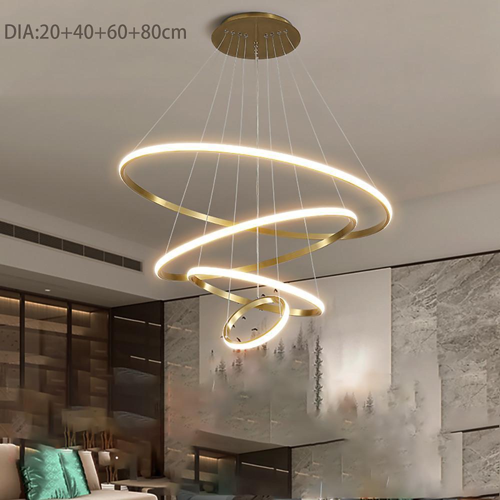 Contemporary ring LED chandelier with soft ambient lighting.