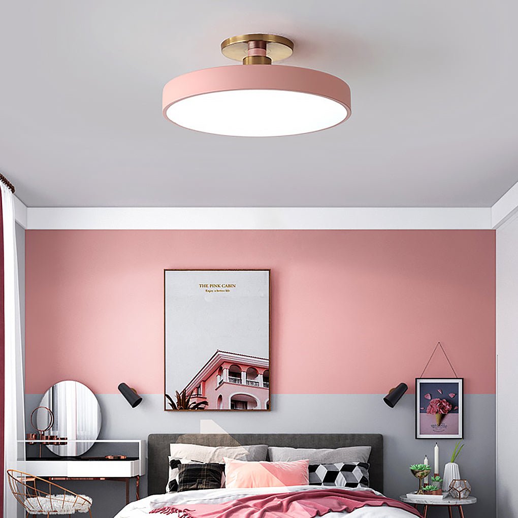 Modern semi flush mount ceiling lights in yellow, front view of the vibrant design.