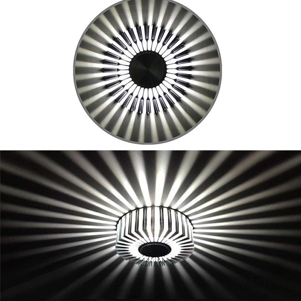 Modern sunburst ceiling fixture with a close-up of the radiant blue light effect.