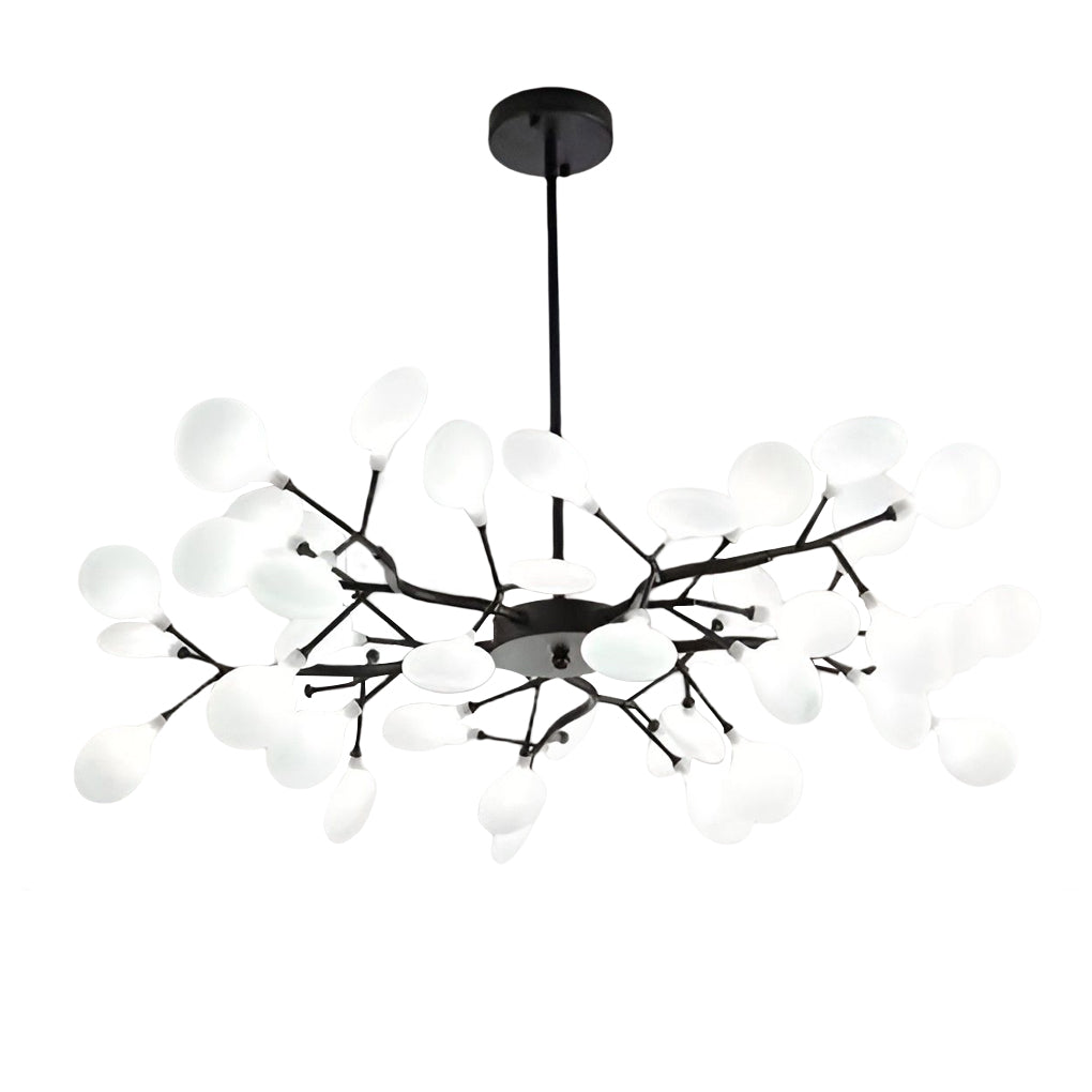 Modern tree branch chandelier in black, front view of the artistic branch design.