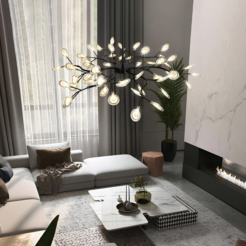 Modern tree branch chandelier with a close-up of the branch and light details.