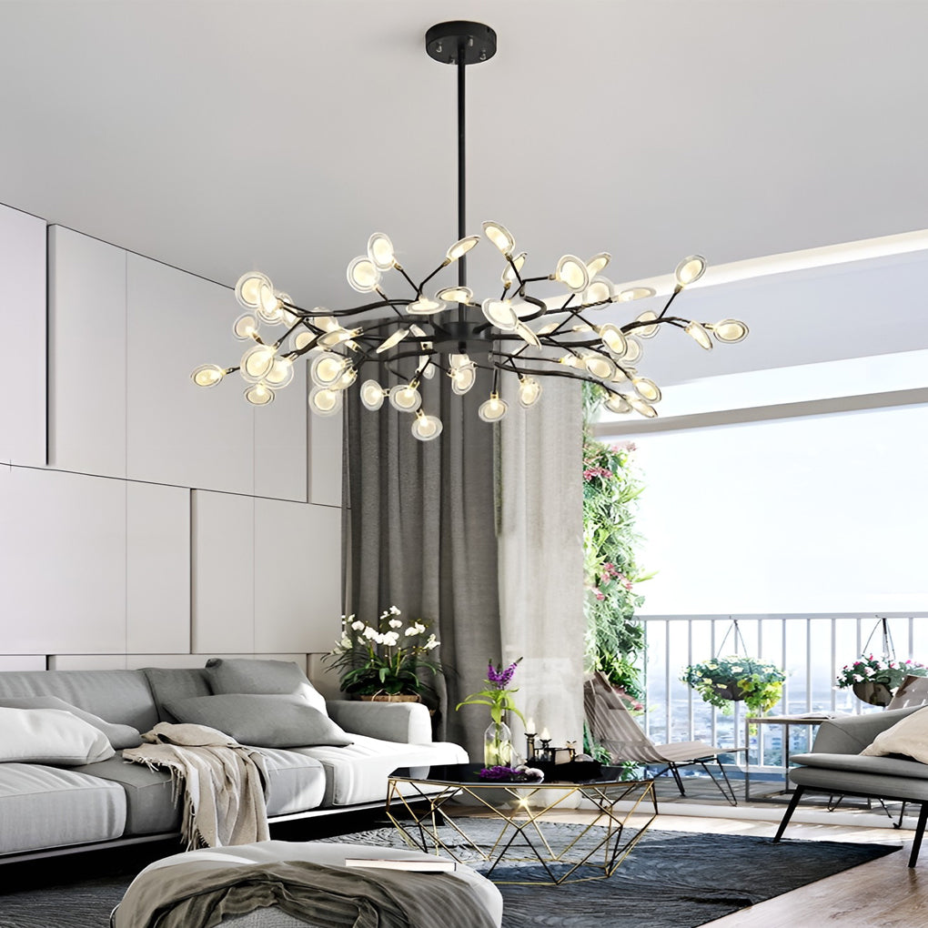 Modern tree branch chandelier enhancing a modern dining area with warm light.