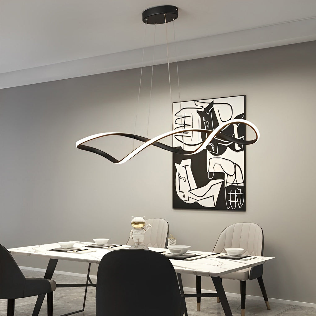 Waveform pendant light with modern design hanging above dining table in stylish room.