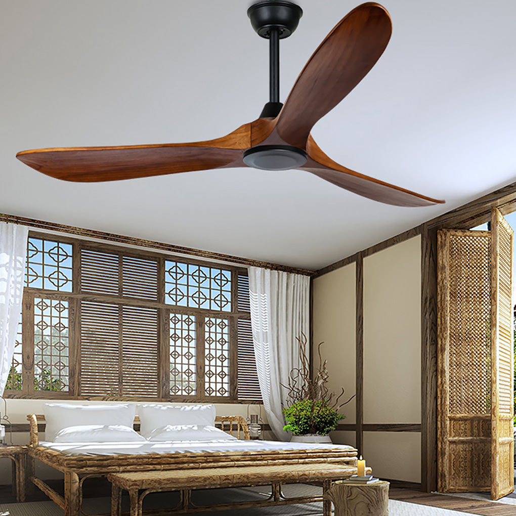 Modern wood ceiling fan with light enhancing a modern bedroom with soft glow.